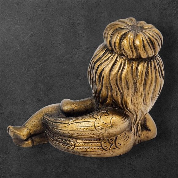 Vintage Gold Cherub Figurine w/ Green Rhinestone Eyes 8" x 6" Cottagecore Decor - Picture 2 of 10